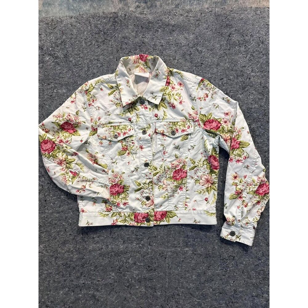 Liz Claiborne Women’s Medium Floral Denim Jacket Pink Rose Print 100% Cotton